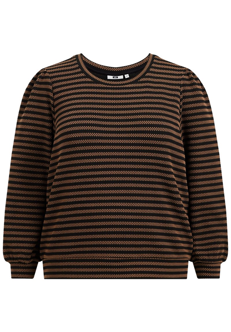 Černý a hnědý proužkovaný svetr s kulatým výstřihem, dlouhými rukávy a nařasenými rameny, vyrobený z texturované látky.