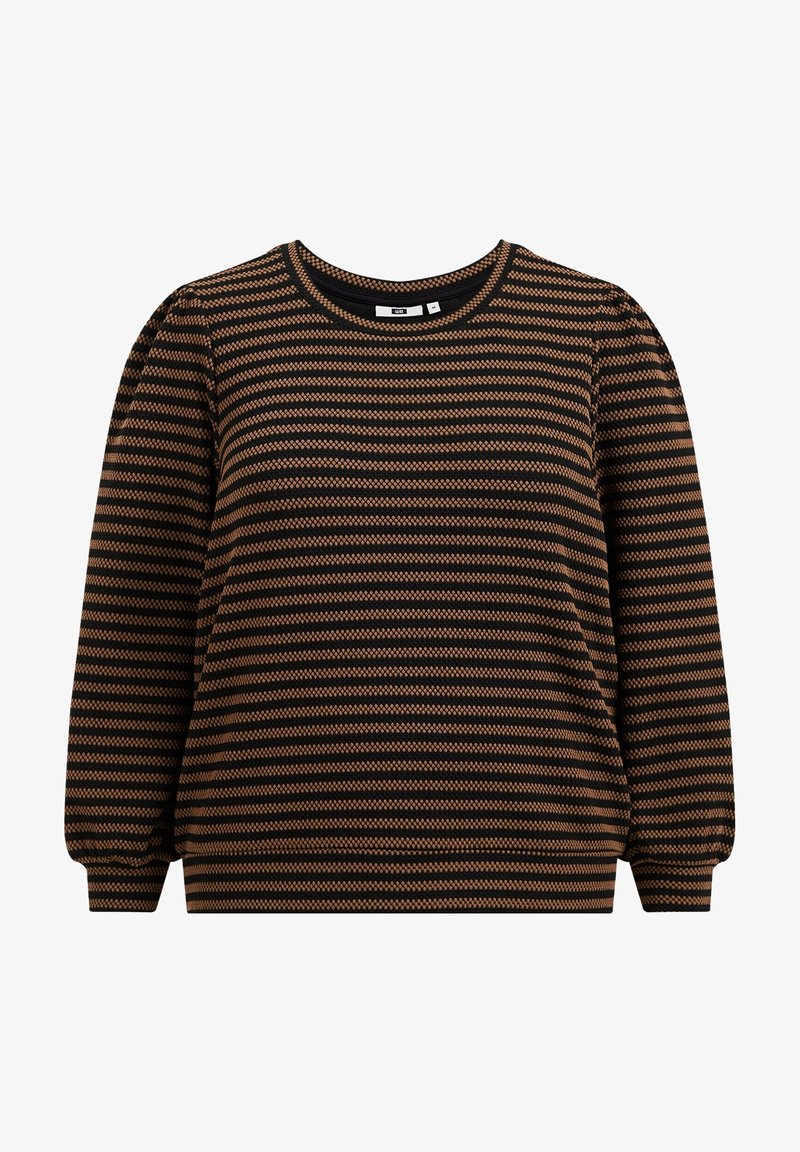Černý a hnědý proužkovaný svetr s kulatým výstřihem, dlouhými rukávy a nařasenými rameny, vyrobený z texturované látky.