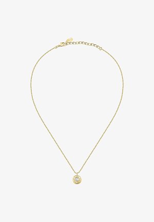 Zarte Goldkette mit rundem Anhänger, der einen klaren zentralen Stein und den eingravierten Markennamen am Rand zeigt.