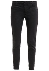 Czarne spodnie o wąskim kroju z pętlami na pasek, przednim zamkiem błyskawicznym i bocznymi kieszeniami, zaprojektowane w nowoczesnym, dopasowanym stylu.