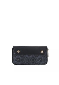 Portafoglio nero con finitura in pelle liscia e sezione inferiore a motivo geometrico. Presenta hardware dorato con chiusura a scatto e dettaglio con cerniera.