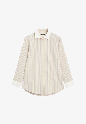Langærmet skjorte i beige med lodrette striber i lyseblå og lilla, med hvid krave og manchetter. Glat bomuldsstof.