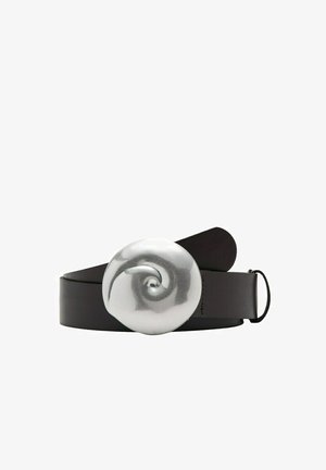 Black leather belt with a large, round, silver buckle featuring a spiral swirl design, displayed coiled on a white background.