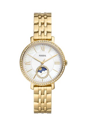 Goldene Fossil-Armbanduhr mit Perlmuttzifferblatt, römischen Ziffern, Kristall-Lünette und einem Hilfszifferblatt mit Sonnen- und Wolken-Mondphasen-Design.