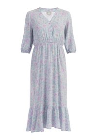 Rochie cu imprimeu floral, cu decolteu în V, mâneci bufante până la trei sferturi, talie elastică și tiv volanat. Realizată dintr-un material ușor în culori pastel.