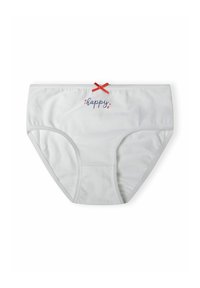 Slip bianco con dettaglio a farfalla rossa, testo "happy" in blu navy e piccole stelle decorative. Tessuto morbido con una texture liscia e una vita elasticizzata.