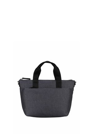 Sac cabas en tissu gris foncé avec des anses courtes noires et une poche avant, présenté sur fond blanc.