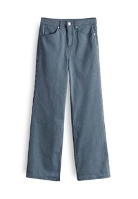 Pantalon large rayé vertical bleu et blanc avec poches avant, passants de ceinture, fermeture à boutons et braguette zippée.