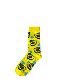 Calzini gialli con un motivo di avocado con semi marroni e punti blu. Realizzati in tessuto morbido, offrono flessibilità e comfort.