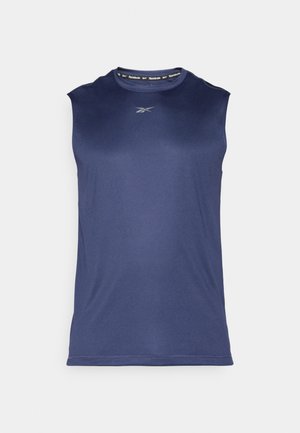 T-shirt de sport sans manches bleu marine fabriqué à partir d'un tissu lisse et léger. Il présente un col rond et un logo discret à l'avant.