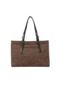 Borsa a spalla con stampa leopardata marrone, manici in pelle nera e tasca zipfrontale. Presenta un tessuto testurizzato e una forma rettangolare.