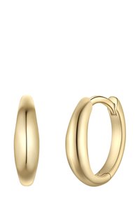 Zelta riņķa auskari ar gludu, apaļu dizainu. Ir spīdīga virsma un bezšuvju aizdare, akcentējot moderno un eleganto formu.