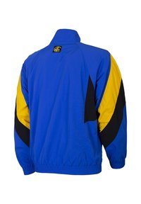 Blauwe, gele en zwarte windbreakerjas met een hoge kraag, elastische manchetten en zoom; heeft een gekleurde blokontwerp en logo detail op de achterkant.