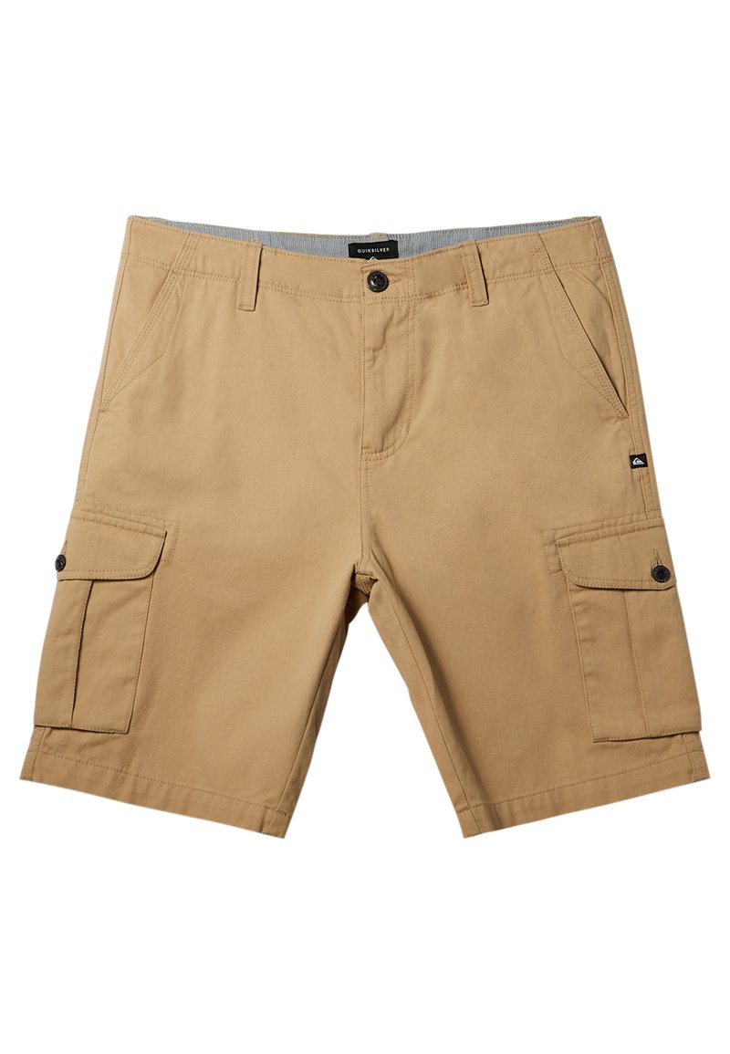 Shorts cargo kaki en coton, avec deux poches latérales, deux poches cargo avec rabats et une fermeture à bouton unique.