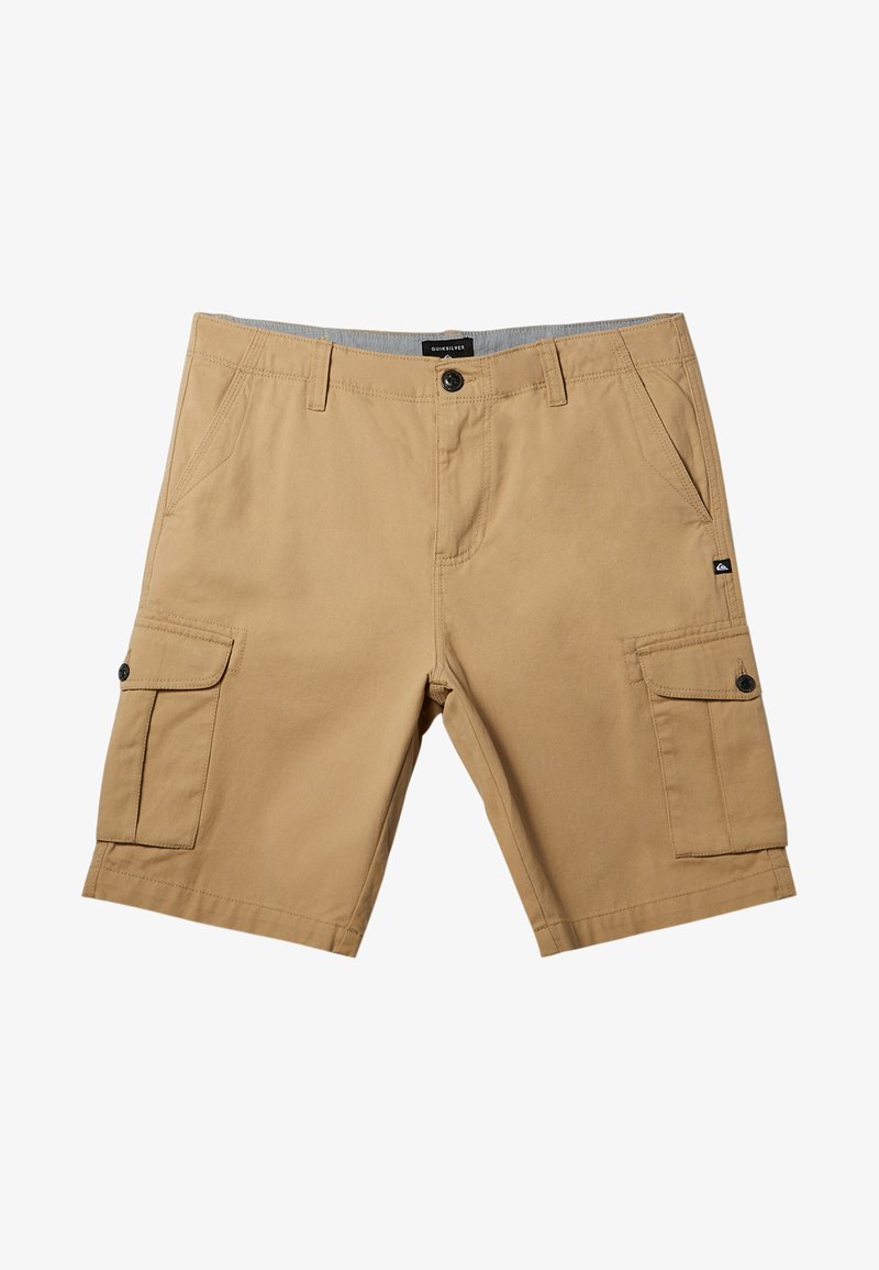 Khaki cargo šortky vyrobené z bavlny, s dvěma bočními kapsami, dvěma cargo kapsami s klopami a jedním zapínáním na knoflík.