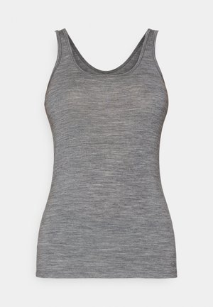 Top grigio senza maniche con scollatura rotonda e spalline larghe. Tessuto morbido e testurizzato con un sottile motivo mélange. Forma aderente.