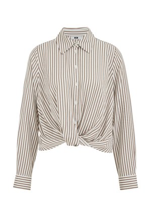 Chemise à manches longues beige et blanche à rayures verticales avec col et détail de nœud torsadé à l'ourlet avant.