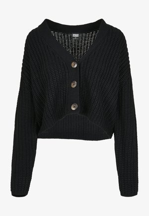 Juodas megztas trumpas kardiganas su V formos iškirpte, ilgomis rankovėmis ir keturiais mygtukais priekyje. Tekstūruota medžiaga su ribišku akcentu.