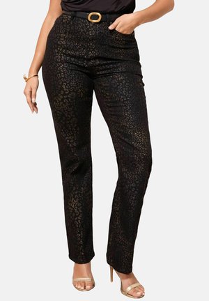 Black pants with a textured, leopard print pattern in gold. Fitted design features a high waist and a front pocket. Gold-tone belt accent.