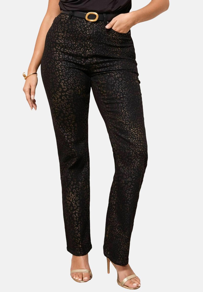 Pantaloni neri con un motivo a stampa leopardata testurizzato in oro. Design aderente con vita alta e tasca frontale. Accento del cinturino in tonalità oro.