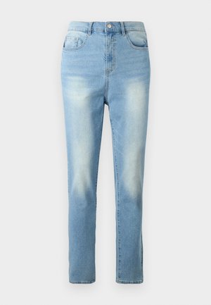 Heledad sininised teksad, sirge lõikega, viie taskuga disain ja kerge tuhmumine reite piirkonnas. Klassikaline vöökoht esise nupuga.