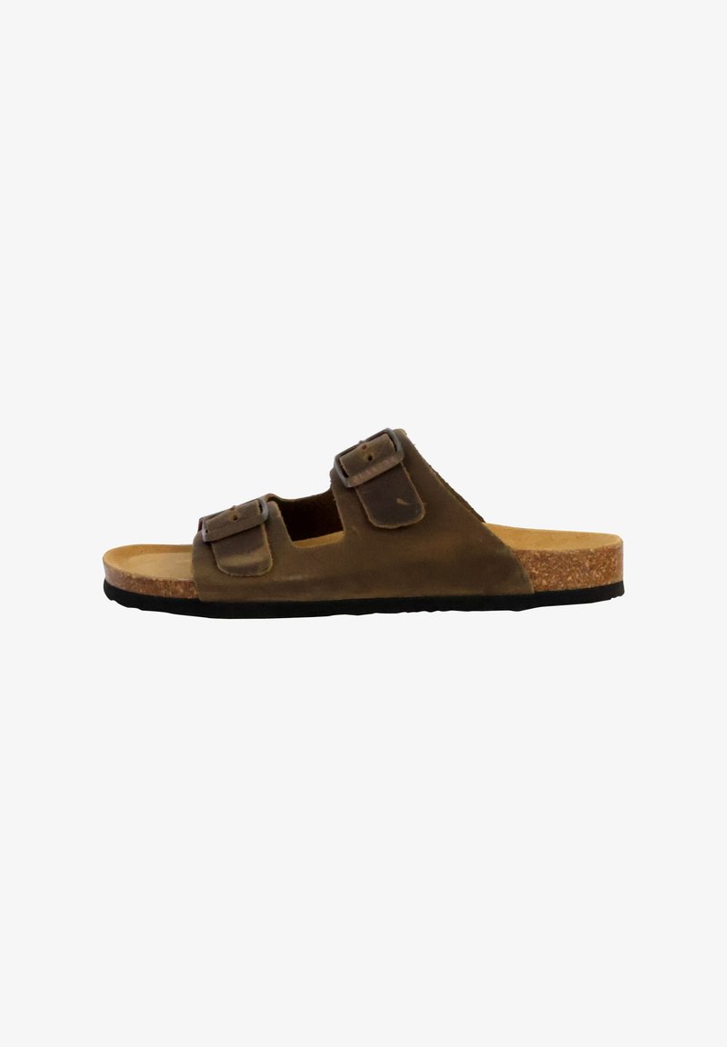 Sandal in pelle marrone con doppie fibbie regolabili, soletta in sughero e suola in gomma nera, caratterizzato da punta aperta e ritagli laterali.