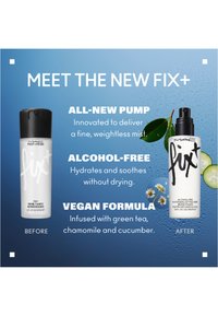 Deux flacons de spray MAC Fix+ étiquetés "avant" et "après", mettant en avant une nouvelle pompe, une formule sans alcool et des ingrédients véganes avec du concombre et de la camomille.