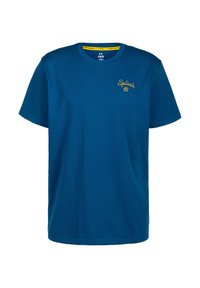 T-shirt in cotone blu con maniche corte, collo rotondo e "Splash" ricamato in giallo sul petto, caratterizzato da una superficie liscia e orlo dritto.