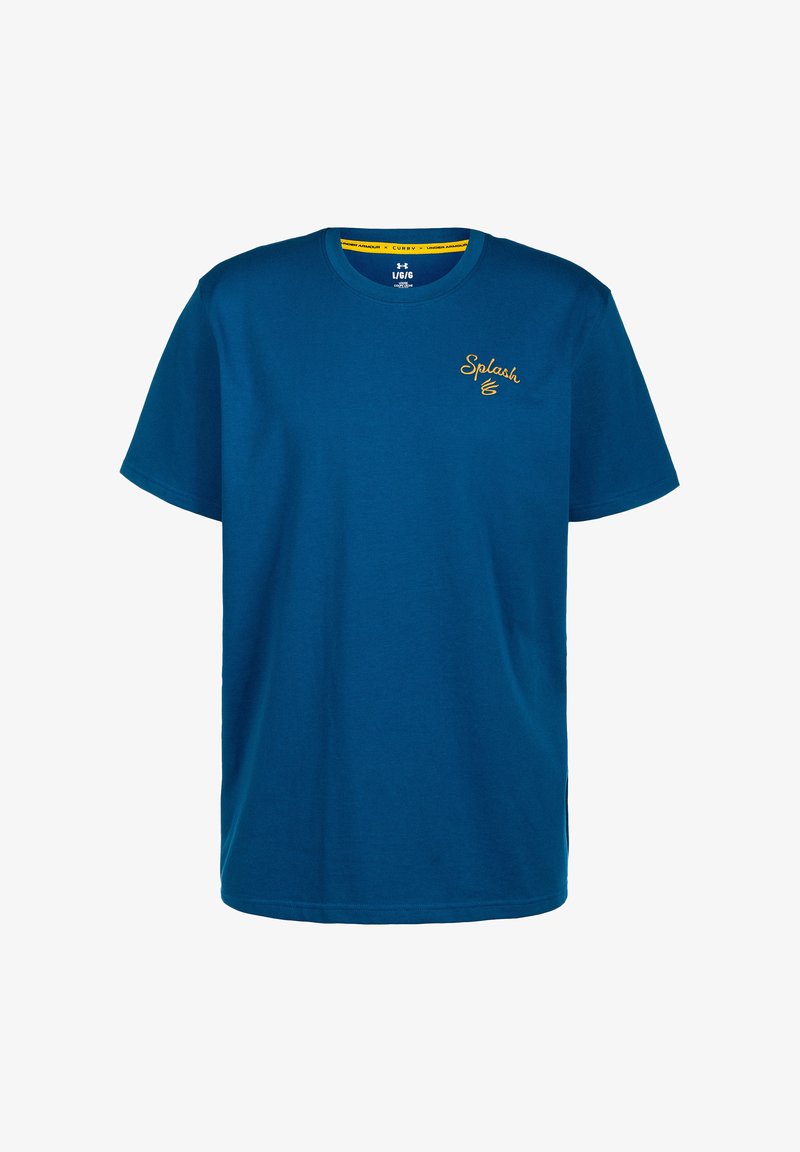 T-shirt in cotone blu con maniche corte, collo rotondo e "Splash" ricamato in giallo sul petto, caratterizzato da una superficie liscia e orlo dritto.