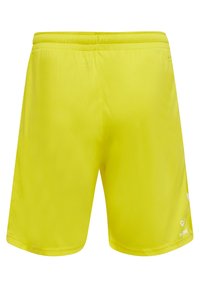 Helle gelbe Sportshorts aus glattem Material, mit einem elastischen Taillenbund und schlichter Naht, sowie einem Logo auf dem unteren rechten Bein.