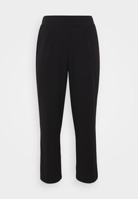 Black cropped trousers with a smooth texture, elastic waistband, and straight legs. Features front pleats for added detail.
