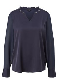 Navy blue long-sleeve blouse with sheer sleeves, V-neckline, snap button details near collar, and fitted cuffs.