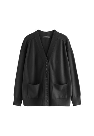 Cardigan negru realizat dintr-un material moale, având decolteu în V, închidere cu butoane și două buzunare frontale. Designul are o croială lejeră și mâneci lungi.