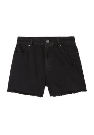 Shorts di denim neri con orli sfrangiati, design a cinque tasche, chiusura con bottone e sottile dettaglio consumato sulla tasca anteriore destra.