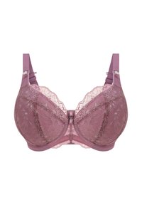BH mit Spitzenüberzug in Mauve, ausgestattet mit verstellbaren Trägern und einem glatten Unterbrustband. Der Mittelsteg ist mit einem dekorativen Verschluss versehen.