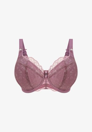 Soutien-gorge avec une superposition en dentelle mauve, doté de bretelles réglables et d'une bande inférieure lisse. Le centre comporte une fermeture décorative.