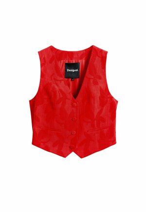 Red vest with a textured floral pattern, v-neckline, six button closure, and two side pockets. Label reads "Desigual."