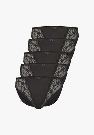 Fünf schwarze Damen-Bikinislips mit Spitzenbesatz gestapelt, jeweils mit einer kleinen Schleife vorne in der Mitte des Taillenbunds.
