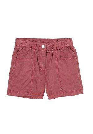 Pantaloncini rossi sbiaditi da bambino con cintura elastica, chiusura frontale con bottoni e due tasche applicate frontali, mostrati distesi su uno sfondo bianco.
