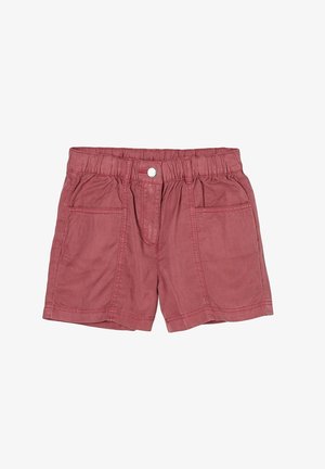 Shorts rouges délavés pour enfants avec taille élastique, fermeture devant à boutons et deux poches plaquées avant, présentés à plat sur un fond blanc.