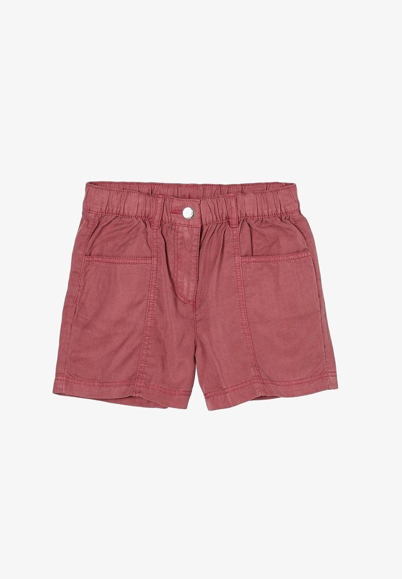 Shorts rouges délavés pour enfants avec taille élastique, fermeture devant à boutons et deux poches plaquées avant, présentés à plat sur un fond blanc.