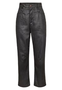 Černé kožené kalhoty se zakřiveným střihem, vybavené předními kapsami a knoflíkovým zapínáním. Hladká textura s minimálními akcenty.