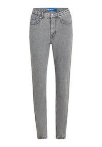 Grå denimjeans med slim fit, hög midja, frampockar och synlig sömnad. Har en blå varumärkesetikett vid midjan.