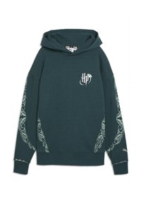 Sudadera de color teal con un gran bolsillo frontal, corte holgado, gráficos blancos en las mangas y el pecho, y capucha con cordón. Tejido suave con puños acanalados.