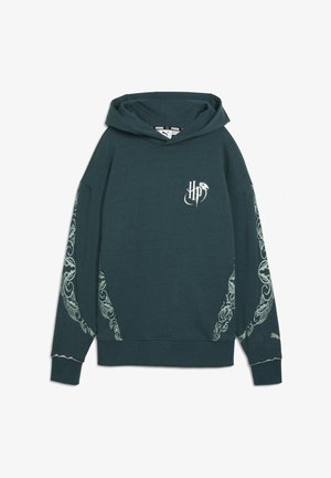 Hoodie teal avec une grande poche avant, coupe oversize, graphiques blancs sur les manches et la poitrine, et une capuche avec cordon de serrage. Tissu doux avec des poignets côtelés.