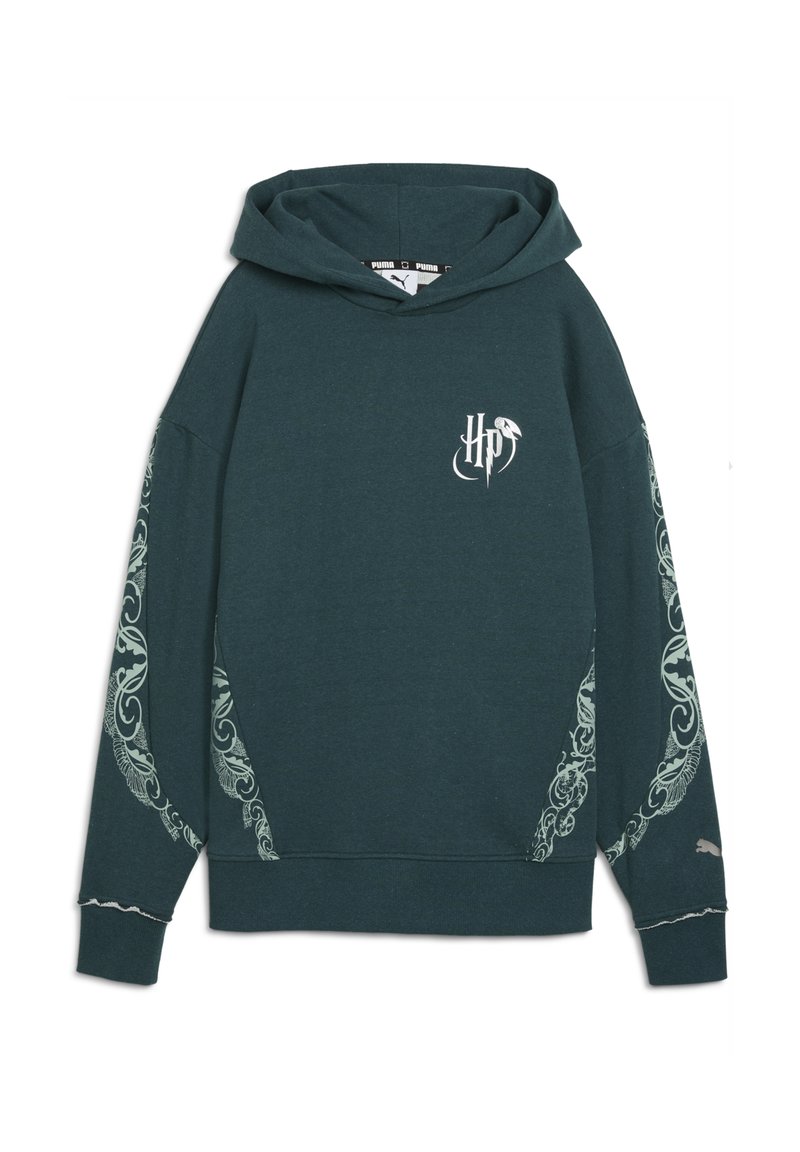 Sudadera de color teal con un gran bolsillo frontal, corte holgado, gráficos blancos en las mangas y el pecho, y capucha con cordón. Tejido suave con puños acanalados.