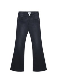 Czarne dżinsy w fasonie dzwonów z średnim stanem, z dwiema przednimi kieszeniami, kieszenią na monety oraz dwiema tylnymi kieszeniami. Gładka faktura.