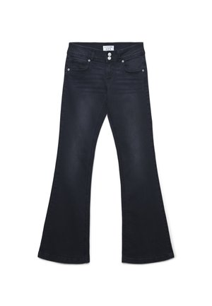 Czarne dżinsy w fasonie dzwonów z średnim stanem, z dwiema przednimi kieszeniami, kieszenią na monety oraz dwiema tylnymi kieszeniami. Gładka faktura.