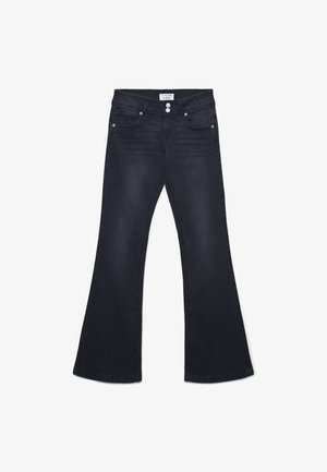 Czarne dżinsy w fasonie dzwonów z średnim stanem, z dwiema przednimi kieszeniami, kieszenią na monety oraz dwiema tylnymi kieszeniami. Gładka faktura.