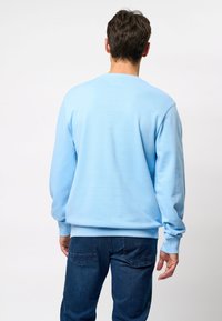 Svetlo modra bombažna majica s dolgimi rokavi in okroglim izrezom, z sproščenim krojem in ribastimi manšetami ter robom. Uporabljena je z temnimi kavbojkami.